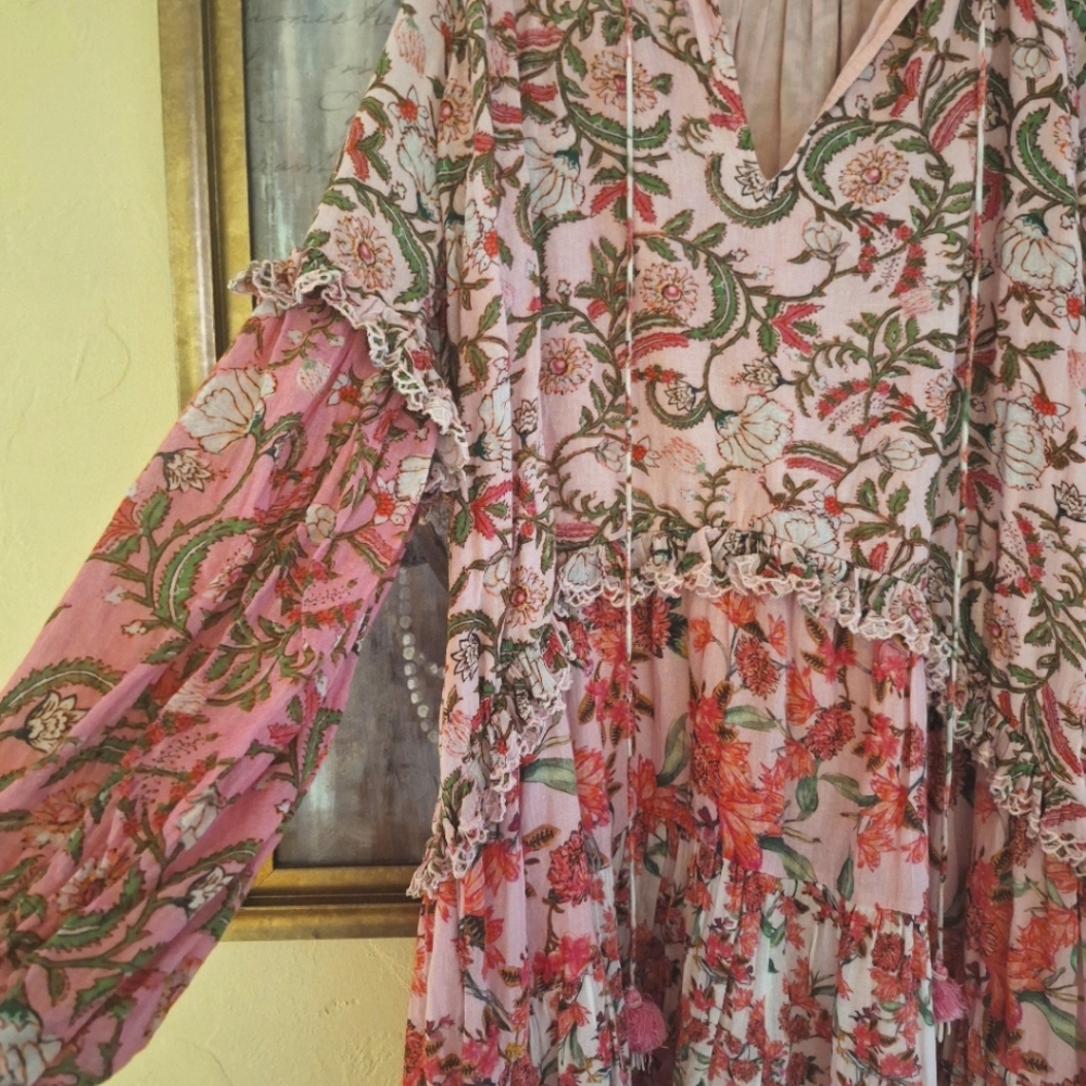 Hemant & Nandita Sidra pink floral Midi Dress in Cotton XL - Picture 9 of 11